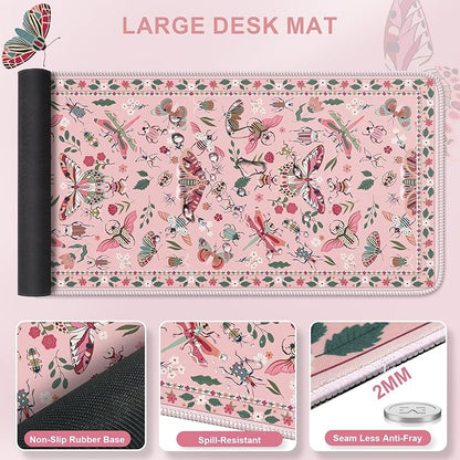 iLeadon Pink Large Desk Mat for Keyboard and Mouse,Ergonomic Massage Wrist Rest Set for Computer Keyboard,Big Flora Mouse Pad XXL+Cup Coaster with Non-Slip Base for Women Home Office,Pink Insect