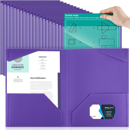 Henoyso 60 Pcs Plastic Folders with Clear Front Pockets Heavy Duty File Folders with 2 Pockets and Card Slot for Student Communication School Office Presentation Report (Purple)