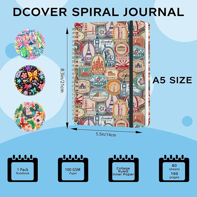 Spiral Notebook - A5 Spiral Notebooks, 8.3'' × 5.8'', 160 Pages, Aesthetic Journaling Notebooks for Women, College Lined Notebook with Elastic Closure, Back Pocket, for School Office, stampB