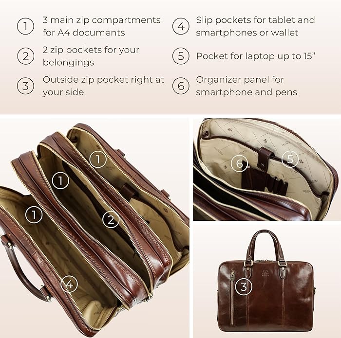 Time Resistance Leather Laptop Briefcase - Full Grain Leather Computer Bag for Men and Women