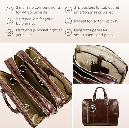 Time Resistance Leather Laptop Briefcase - Full Grain Leather Computer Bag for Men and Women