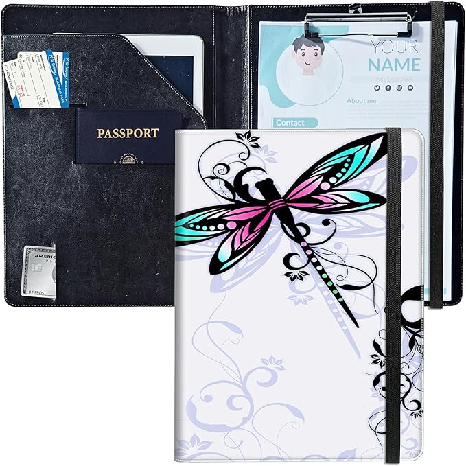 PU Leather Padfolio Clipboard Notepad with Pen Loop and Elastic Strap Interview/Resume Document Organizer for Business School Office,Dragonfly with Lotus Flower