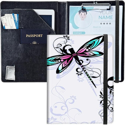 PU Leather Padfolio Clipboard Notepad with Pen Loop and Elastic Strap Interview/Resume Document Organizer for Business School Office,Dragonfly with Lotus Flower