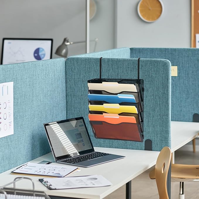 EASEPRES 5 Pocket Mesh Hanging Wall File Organizer with Hangers & Nametag Label, Wall Mounted Mail Paper Document Folder Holder, Clipboard Storage Organization Magazine Rack for Office Cubicle, Black