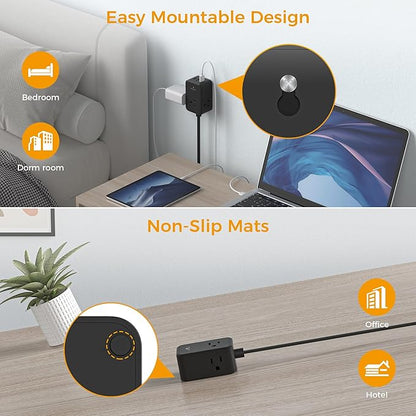 Flat Black Extension Cord, TESSAN Ultra Thin Power Strip with 3 USB Wall Charger (1 USB C), 3 Outlets Small Charging Station, 5 ft Slim Plug for Cruise Travel Office School Dorm Room Essentials