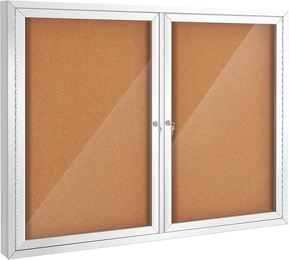 SWANCROWN Weather Resistant Enclosed Bulletin Board Cork Displays Boards Wall Mounted Notice Case with 2 Locking Door