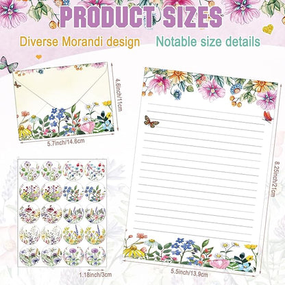 TaoBary 160 Packs Stationery Paper Set (50 Double Sided Stationery Writing Papers 50 Matching Envelopes) 60 Round Dot Sticker, 10 Design(Wildflower,5.5 x 8.25 Inch)
