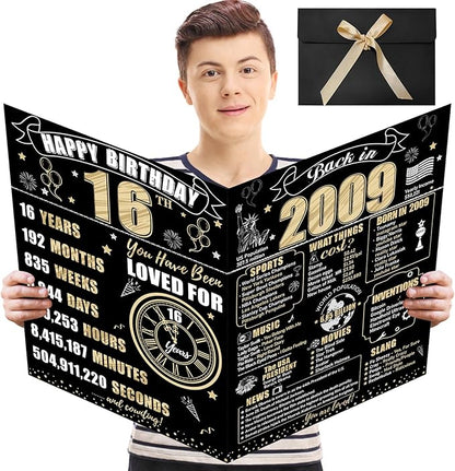 Large 16th Birthday Card With Envelope for Boys Girls, 2009 Black Gold Happy 16th Birthday Giant Guest Signature Book Gifts, Big Vintage 2009 16th Greeting Card Decoration Party Supplies