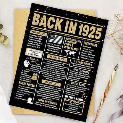100th Birthday Card, 100th Birthday Decorations for Men Women, 100th Birthday Gifts for Grandma Grandpa, Back in 1925 Birthday Card, Black Gold