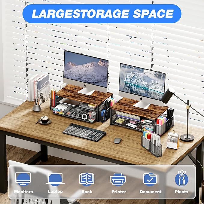 Desk Organizers and Accessories, 2-Tier Computer Monitor Stand for Desk Organizer with Drawer and 2 Pen Holders, Office Desk Accessories Workspace Desktop Organizers for Office Supplies, Brown