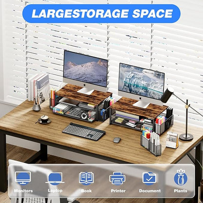 Desk Organizers and Accessories, 2-Tier Computer Monitor Stand for Desk Organizer with Drawer and 2 Pen Holders, Office Desk Accessories Workspace Desktop Organizers for Office Supplies, Brown