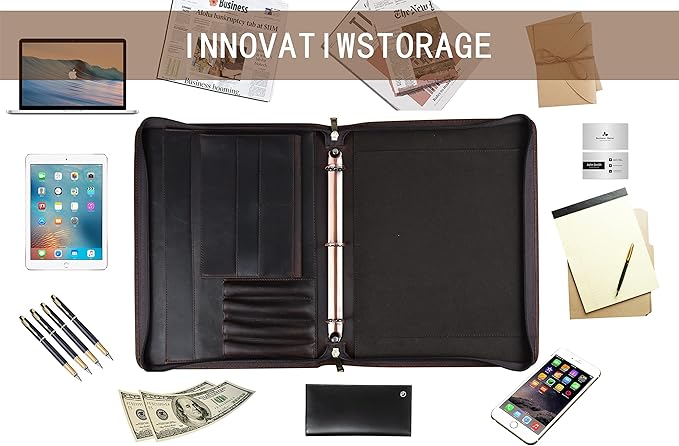 AZXCG Premium Leather Padfolio Binder for Men & Women - A4 Letter Size Notepad & iPad Pro 12.9 Compatibility(2018,2020,2021) Executive Portfolio Folder with Business Card Holder,Darkbrown