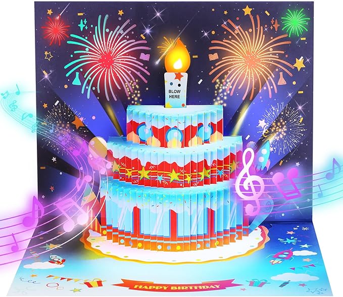 Rocket Birthday Cards for Kids, 3D Pop Up Birthday Card with Music and Light and Interactive Blowable Candle, Gift Card for Kids Children Boys Girls Son Daughter