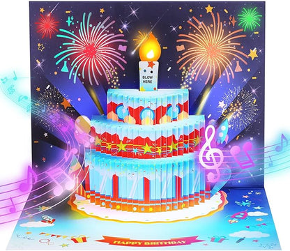 Rocket Birthday Cards for Kids, 3D Pop Up Birthday Card with Music and Light and Interactive Blowable Candle, Gift Card for Kids Children Boys Girls Son Daughter
