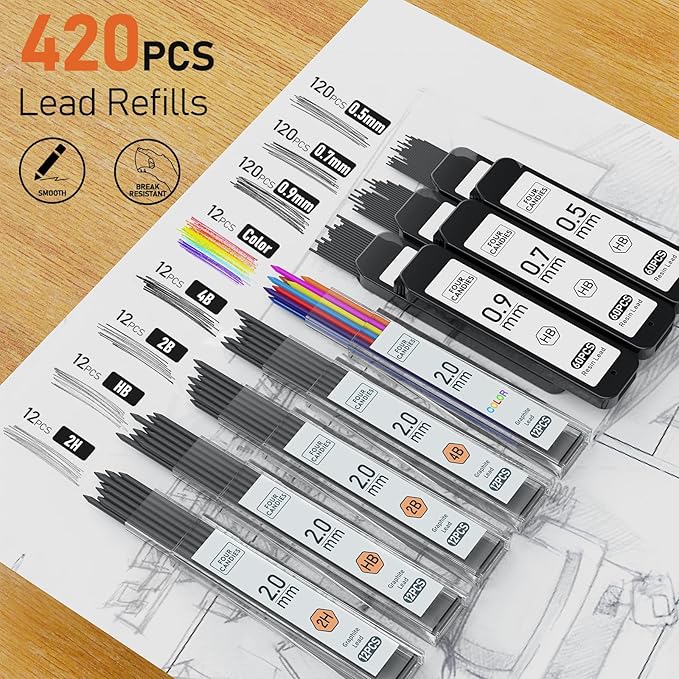 Four Candies Metal Mechanical Pencil Set, 3PCS Art Drafting Pencils 0.5, 0.7, 0.9MM & 2PCS 2MM Mechanical Drawing Pencils with 420PCS Leads (4B 2B HB 2H Color) for Writing Sketching Drawing (Silver)