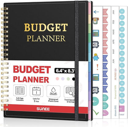 SUNEE Budget Planner - Monthly Budget Book with Expense Tracker Notebook, Undated 12 Month Bill Organizer & Finance Planner to Manage Your Money, A5(6.4" x 8.3") Account Book with Colorful Tab, Black