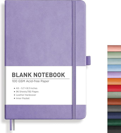 RETTACY Blank Journal Notebook, A5 Blank Journal with 192 Pages, 5.7'' × 8.3'' Medium Size, 68 LB/100 GSM Thick Paper, Leather Hardcover, for Sketching, Drawing, Painting (Purple)