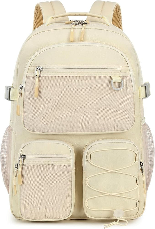 Lohol Water Resistant Backpack with Mulitiple Pockets for Travel Outdoor College, 15.6 inch Laptop Bookbag for Girl and Women (Beige