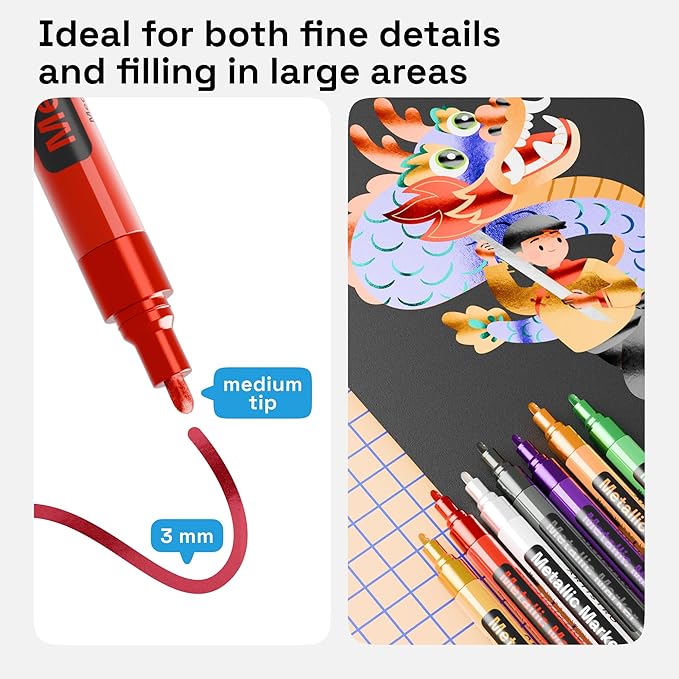 ARTISTRO 12 Metallic Paint Pens for Rock Painting, Stone, Ceramic, Glass, Wood, Fabric, Pebbles, Scrapbook Journals, Photo Albums, Card Stocks, Acrylic Paint Markers Medium Tip 3.0mm