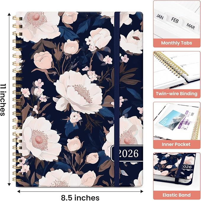 2026 Planner, Aesthetic Weekly and Monthly Planner for Women, Jan 2026 to Dec 2026, Hardcover 2026 Calendar Book with Monthly Tabs, Inner Pocket, Perfect for Office Home School - A4 (8.5" x 11"), Dusky Peony