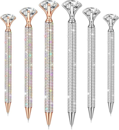 Jeyiour 6 Pcs Big Diamond Pens with Crystal Bling Rhinestone Metal Glitter Diamond Ballpoint Black Ink Pens Wedding Bridal Shower Favors for Birthday Gift Supplies(Silver, Rose Gold)