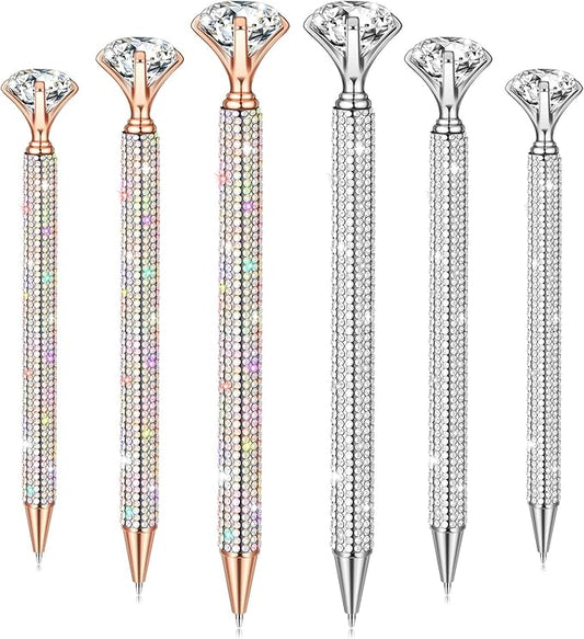 Jeyiour 6 Pcs Big Diamond Pens with Crystal Bling Rhinestone Metal Glitter Diamond Ballpoint Black Ink Pens Wedding Bridal Shower Favors for Birthday Gift Supplies(Silver, Rose Gold)