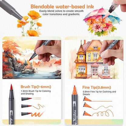 Watercolor Pens Set, 72-Color Dual Tip Paint Markers, Water-Based Coloring Markers with 1 Aquapen, 3 Colorless Blenders, 2 Black Markers, and 12-Page Pad, Art Supplies for Artists and Beginners