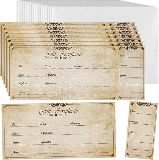 Sinmoe 50 Sets Gift Certificate for Business with 50 Pcs Envelopes Blank Gift Certificate Cards with Name and Address Rustic for Beauty Salon Restaurants Birthday(4.72 x 2.36 Inch, Retro Style)