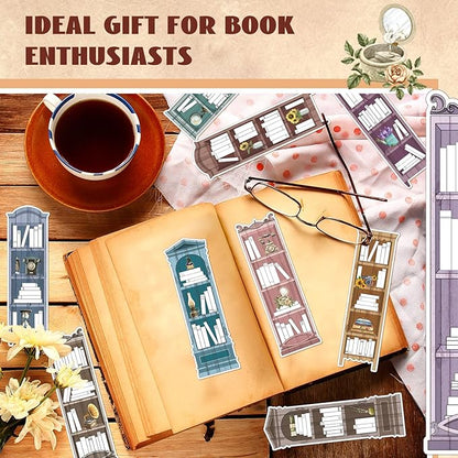 150 Pcs Book Tracker Bookmarks Bulk 6.3 x 1.97 Inch Bookshelf Design Bookmarks Paper Book Tracking Bookmark Double Sided Reading Page Markers for Book Lovers Students School (Vintage)