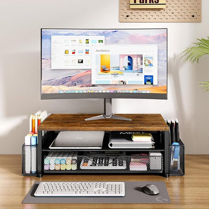 Desk Organizers and Accessories, 2-Tier Computer Monitor Stand for Desk Organizer with Drawer and 2 Pen Holders, Office Desk Accessories Workspace Desktop Organizers for Office Supplies, Brown