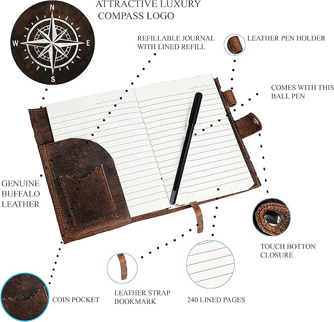 Leather Journal For Men & Women - Premium Refillable Lined Compass Leather Notebook With Pen, Coin & Pen Slot, Leather Bookmark - Journals For Writing - Travel Journal - Diary - Daily Journal 240 page