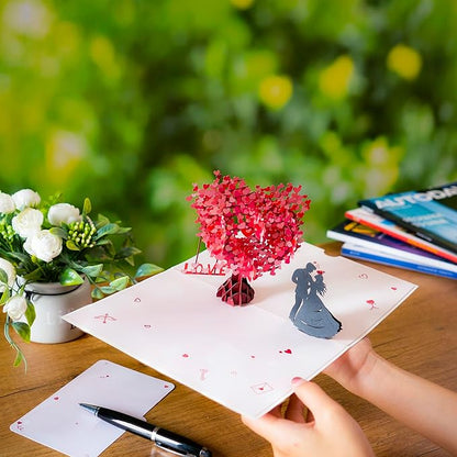 3D Romantic Pop-Up Anniversary Card for Couple, Love Tree Hearts Couple Love Pop Card for Wife or Husband, Perfect PopUp Wedding Card for Valentine's Day or Anniversary