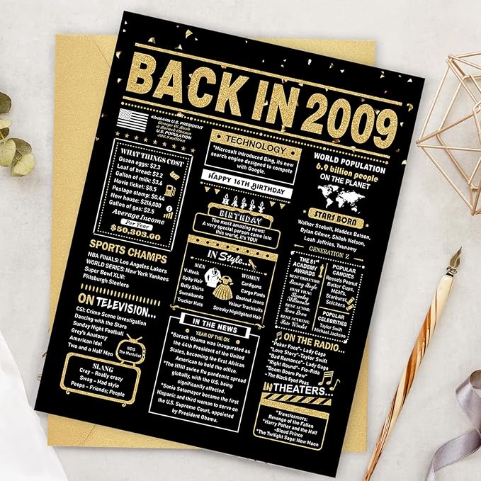 16th Birthday Card, 16th Birthday Decorations for Girls Boys, 16th Birthday Gifts for Son Daughter, Back in 2009 Birthday Card, Black Gold