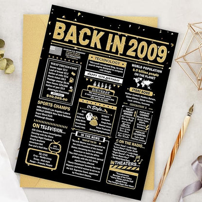 16th Birthday Card, 16th Birthday Decorations for Girls Boys, 16th Birthday Gifts for Son Daughter, Back in 2009 Birthday Card, Black Gold