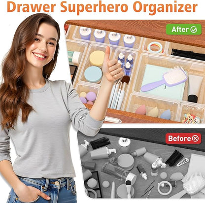 Clear Drawer Organizers of 9 PCS Plastic Drawer Organizer Bins, 4 Sizes Clear Plastic Drawer Organizers and Storage Bins for Bathroom Kitchen Office Organizers and Storage Containers