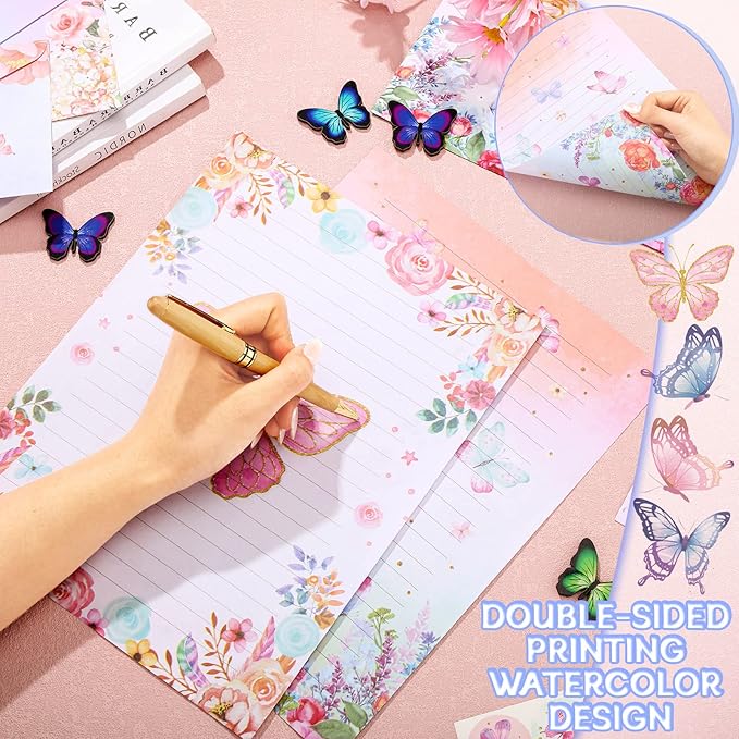TaoBary 160 Packs Stationery Paper Set (50 Double Sided Stationery Writing Papers 50 Matching Envelopes) 60 Round Dot Sticker, 10 Design(Watercolor Butterfly,8.5 x 11 Inch)