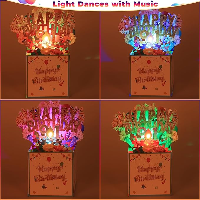 Tnvee 91TH Birthday Cards with Lights & Music & Candle, 3D Large Pop Up Happy Birthday Cards for Women Man Greeting Cards Decorations for 91 Years Old Mom Dad Grandparents