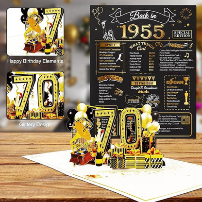 70th Birthday Card for Men Women, Funny 3D Pop Up 70th Birthday Gifts for Grandma Mom Dad, Back In 1955 Happy 70 Year Old Birthday Decorations Cards for Her Him