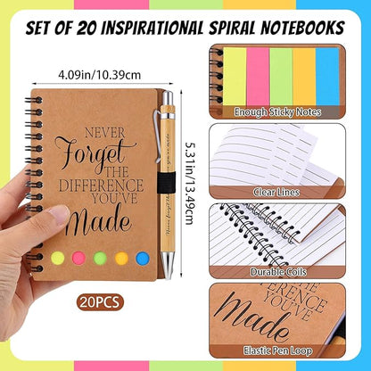 20 Sets Employee Appreciation Gifts Inspirational Spiral Notebooks with Sticky Notes Notepads Motivational Bamboo Ballpoint Pens for Nurse Coworker Teacher (NEVER FORGET)