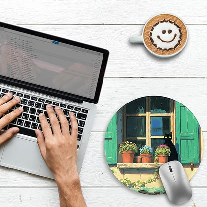 Gctriki Anime Black Cat Mouse Pad, Cute Round Computer Mouse Pads for Desk Laptop Gaming, Stitched Edge Non-Slip Rubber Base, Cute Cat Home Office Desk Accessories Decor for Women