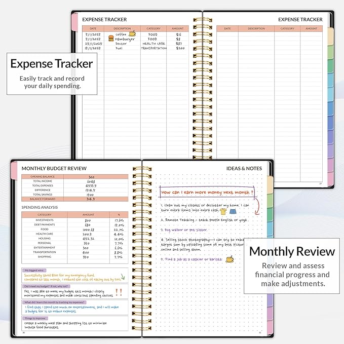 SUNEE Budget Planner - Monthly Budget Book with Expense Tracker Notebook, Undated 12 Month Bill Organizer & Finance Planner to Manage Your Money, A5(6.4" x 8.3") Account Book with Colorful Tab, Black