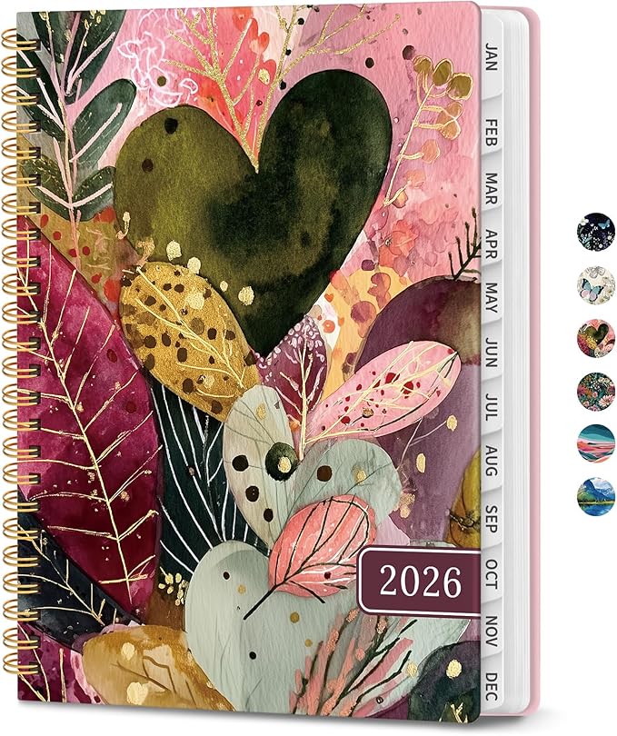 2026 Planner, Weekly and Monthly Planner for Women, January 2026 to December 2026, Pretty Hardcover 2026 Calendar Planner Book with Tabs, Inner Pocket, Spiral Bound, Perfect Office Home School Supplies - 6.3" x 8.5", Heartleaf Garden