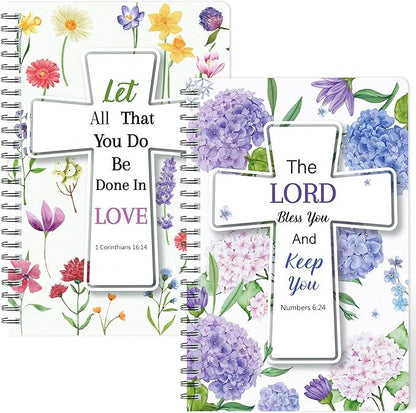 2Pack A5 Floral Cross Religious Spiral Notebooks - Bible Verses Writing Notebooks, Ruled Hardbound Lined Journal, Inspirational Christian Christmas Gift, Sunday School Supply (Purple & Yellow)