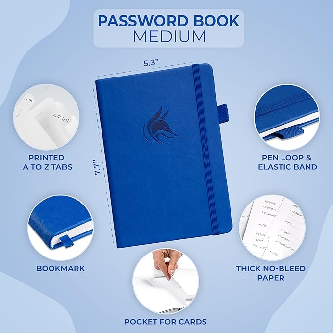 Clever Fox Password Book with Alphabetical tabs. Internet Address Organizer Logbook. Medium Password Keeper for Website Logins (Royal Blue)