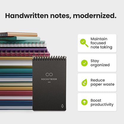 Rocketbook New Mini Reusable Smart Notepad, Pocket Size Notebook 3.5x5.5, Black - Dotted Pages, App-Connected, Erasable, Ideal for On-The-Go List Taking & Quick Notes Anywhere