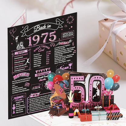 50th Birthday Card for Women Her, Jumbo 3D Pop Up 50th Birthday Gifts, Back In 1975 Happy 50 Year Old Sister Birthday Decorations Cards Card for Wife, Rose Gold