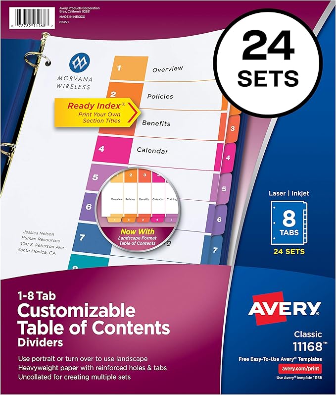 Avery 10-Tab Dividers for 3 Ring Binders, Customizable Table of Contents, Multicolor Tabs, 24 Sets (11169) & 8-Tab Dividers for 3 Ring Binders, Customizable Table of Contents, Multicolor Tabs