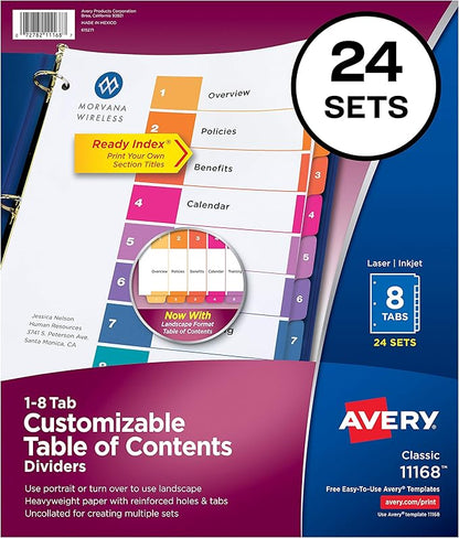 Avery 10-Tab Dividers for 3 Ring Binders, Customizable Table of Contents, Multicolor Tabs, 24 Sets (11169) & 8-Tab Dividers for 3 Ring Binders, Customizable Table of Contents, Multicolor Tabs