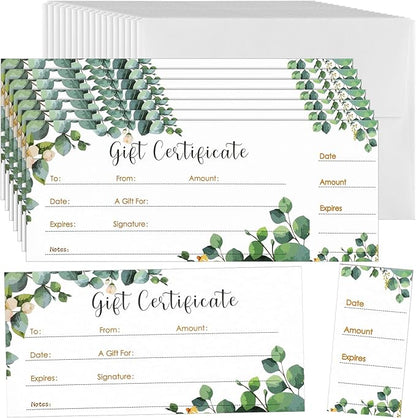 50 Sets Gift Certificate for Business with 50 Pcs Envelopes Blank Gift Certificate Cards with Name and Address Rustic for Beauty Salon Restaurants Birthday Client (Eucalyptus Leaves,4.72 x 2.36 Inch)