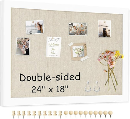 Double-Sided Large Cork Board with Linen, 24" x 18" Hanging Wood Framed Bulletin Board, Picture Display Vision Board Corkboards for Wall Room School Office Decor, 20 Pushpins,1pack